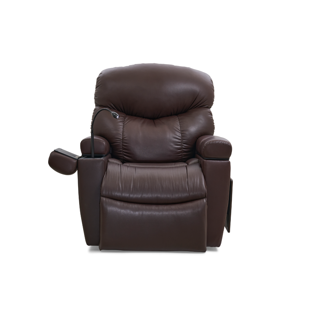 Golden Technologies PR511 MaxiComfort Cloud+ Assisted Lift Recliner - Medium - Coffee Bean with attached lamp in arm rest